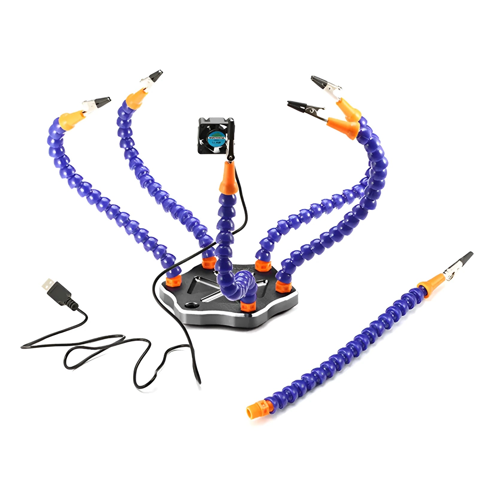 Black or purple aluminium alloy six-claw welding station with seven auxiliary arms for model soldering.