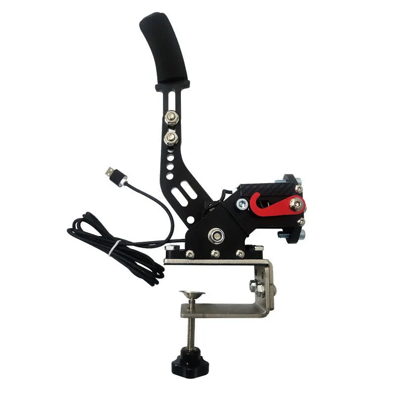 USB handbrake for PC racing simulators with metal lever and universal mounting clamp.