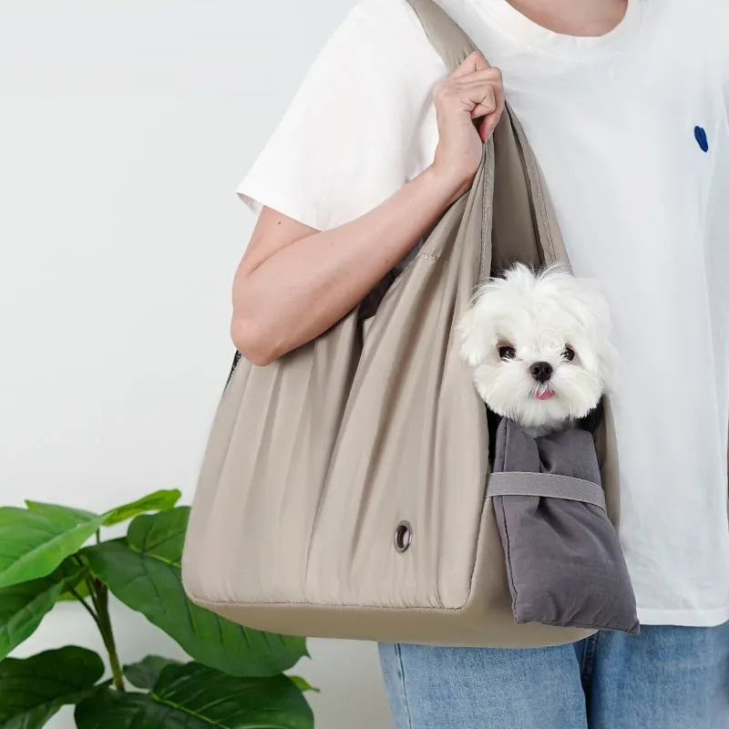 Apricot-coloured cloth pet handbag measuring 41x16x28cm with carrying handles