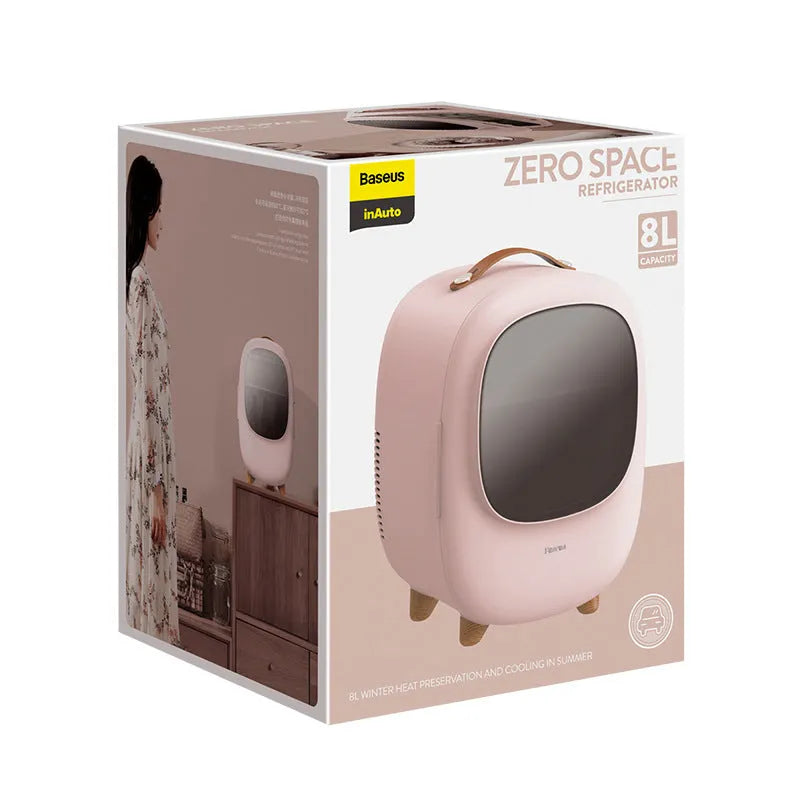Small 8L white beauty refrigerator with pink option for cosmetics storage on desktop