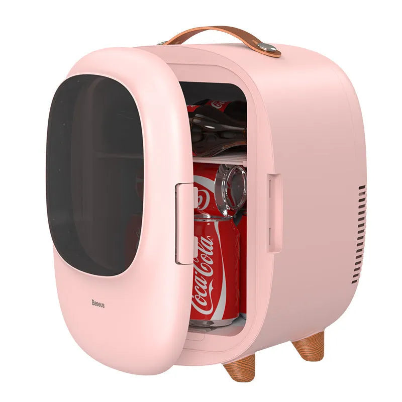 Small 8L white beauty refrigerator with pink option for cosmetics storage on desktop