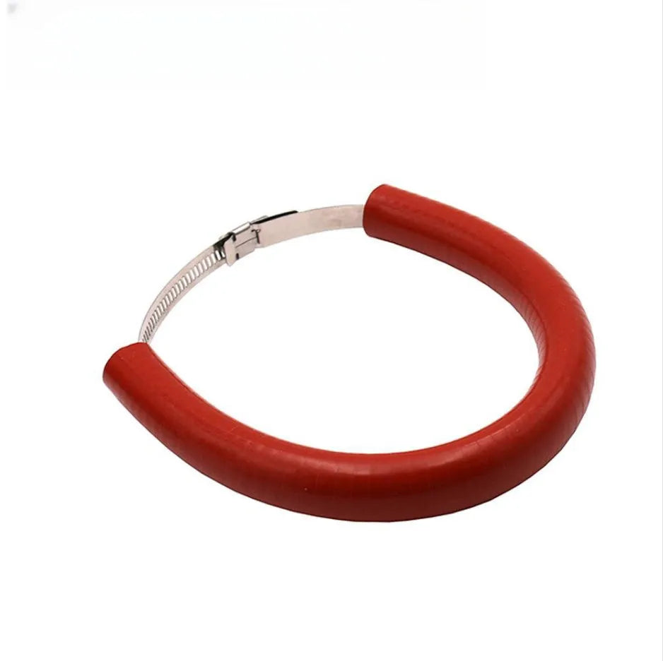 Universal motorcycle exhaust pipe anti-drop clamp and gasket in black, blue, and orange