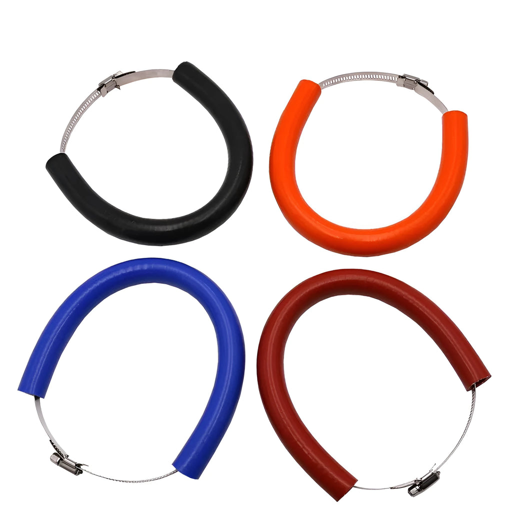 Universal motorcycle exhaust pipe anti-drop clamp and gasket in black, blue, and orange