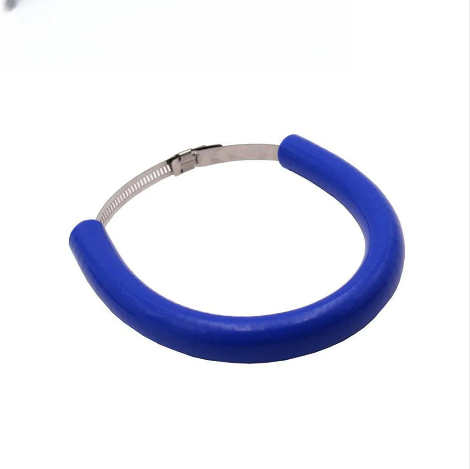 Universal motorcycle exhaust pipe anti-drop clamp and gasket in black, blue, and orange