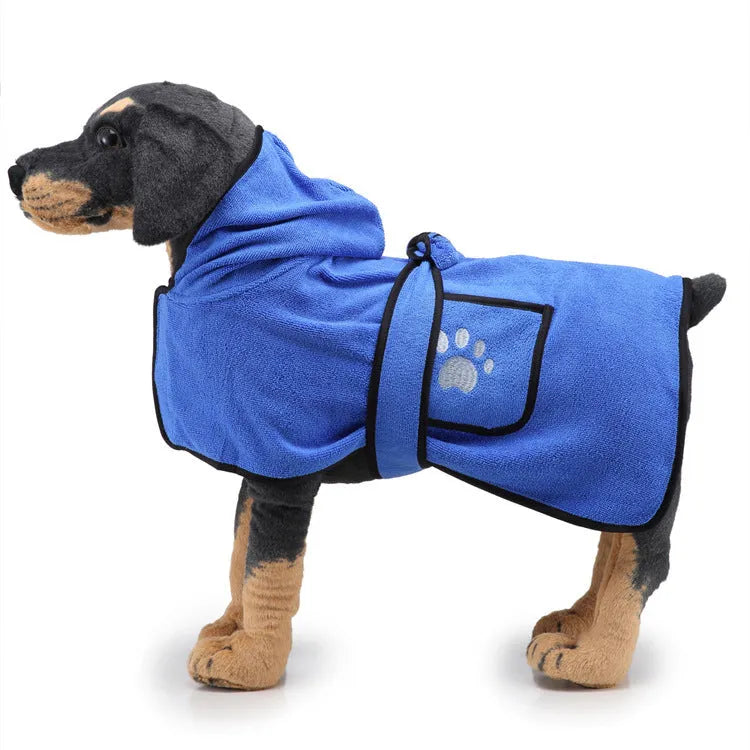 Strong absorbent dog towel pet bathrobe with adjustable belt and Velcro neckline, sizes XS to XL