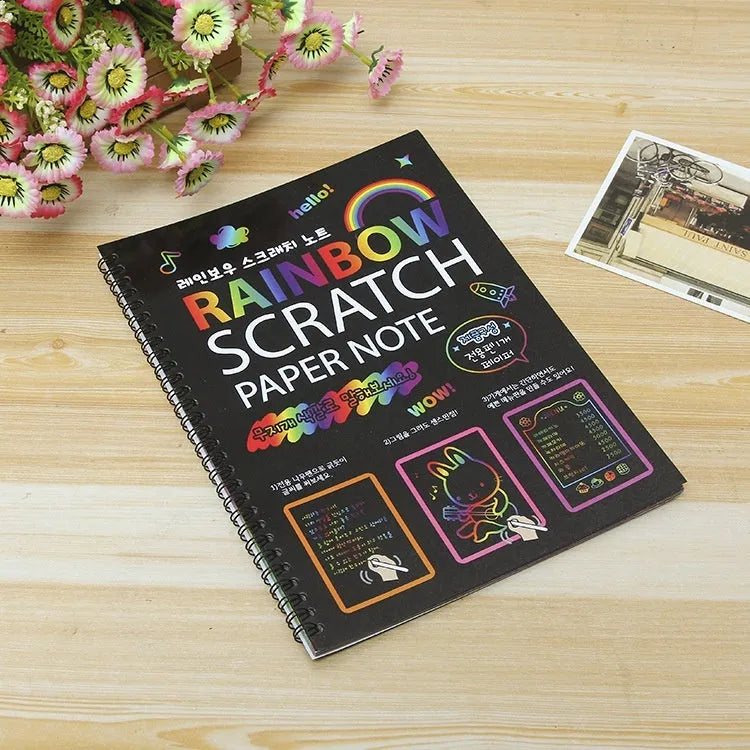 Large 26x19cm children's scratch art paper with colourful rainbow patterns for DIY painting