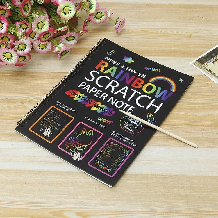 Large 26x19cm children's scratch art paper with colourful rainbow patterns for DIY painting