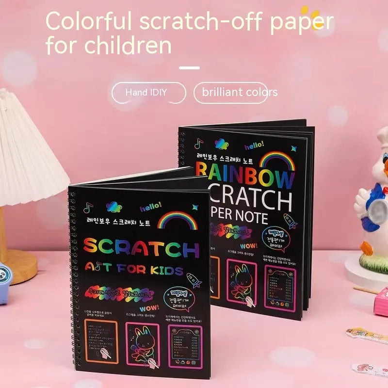 Large 26x19cm children's scratch art paper with colourful rainbow patterns for DIY painting