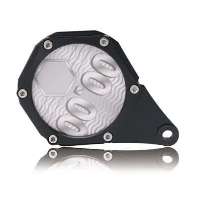 Black carbon fibre pattern motorcycle petrol cap cover seal with anti-theft six-corner screw.