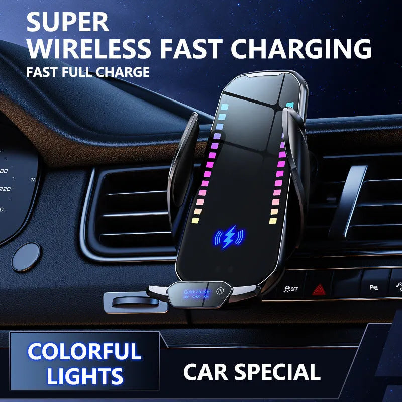 Car mobile phone holder with wireless charging in silver and tarnish finishes showing electric clamping mechanism
