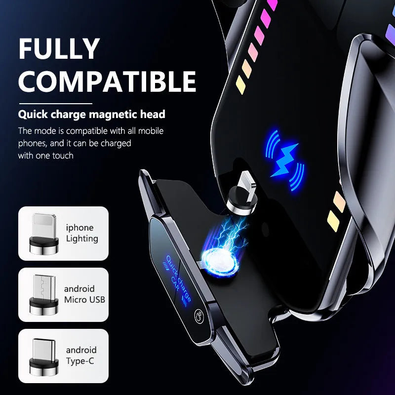 Car mobile phone holder with wireless charging in silver and tarnish finishes showing electric clamping mechanism