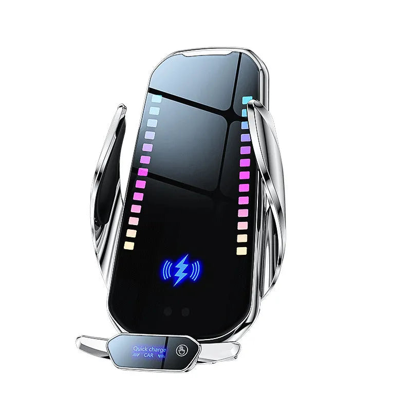 Car mobile phone holder with wireless charging in silver and tarnish finishes showing electric clamping mechanism
