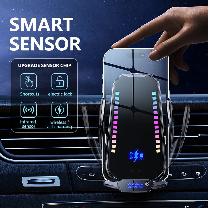 Car mobile phone holder with wireless charging in silver and tarnish finishes showing electric clamping mechanism