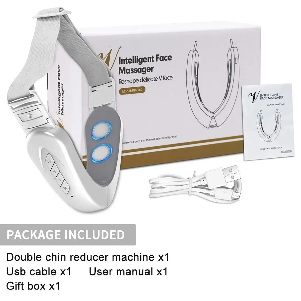 Vibration Massage V Face Beauty Instrument in White with USB-C charging cable in packaging