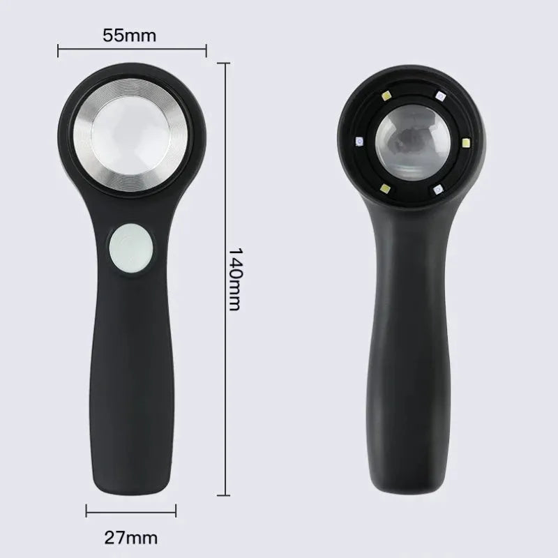 Black and silver electronic magnifying glass for jewellery appraisal with 30X lens and USB C cable.