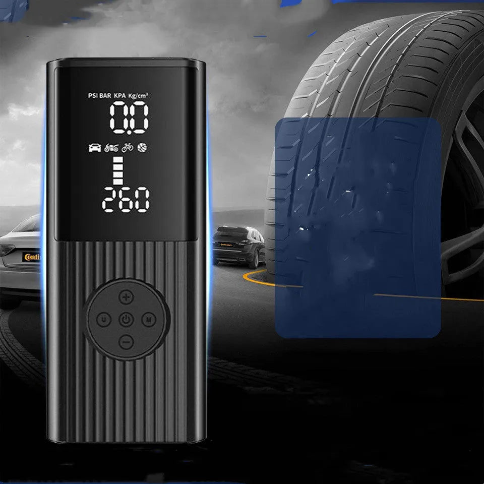Wireless portable car tyre inflator pump with LED light and storage bag on a grey background.