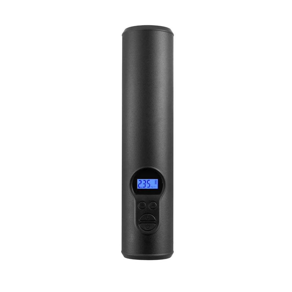 Wireless portable car tyre inflator pump with LED light and storage bag on a grey background.