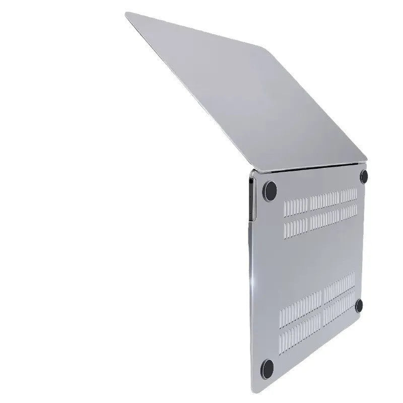 MacBook Pro laptop with a crystal transparent protective hard shell case snapped onto its lid and base.
