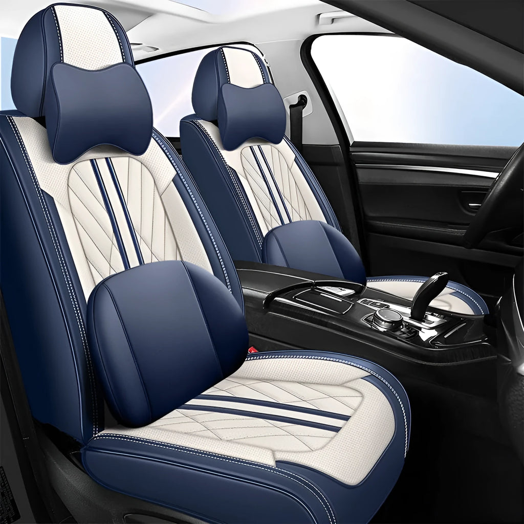 Five-seat car seat cushion set showing colour options including beige and black, black and grey, and striped patterns