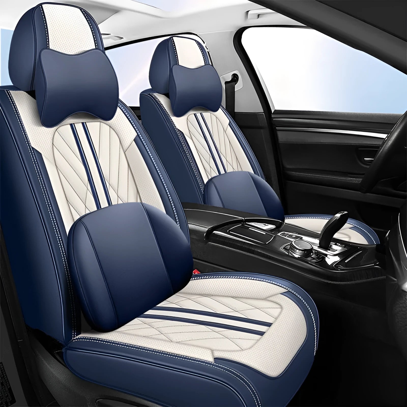 Five-seat car seat cushion set showing colour options including beige and black, black and grey, and striped patterns