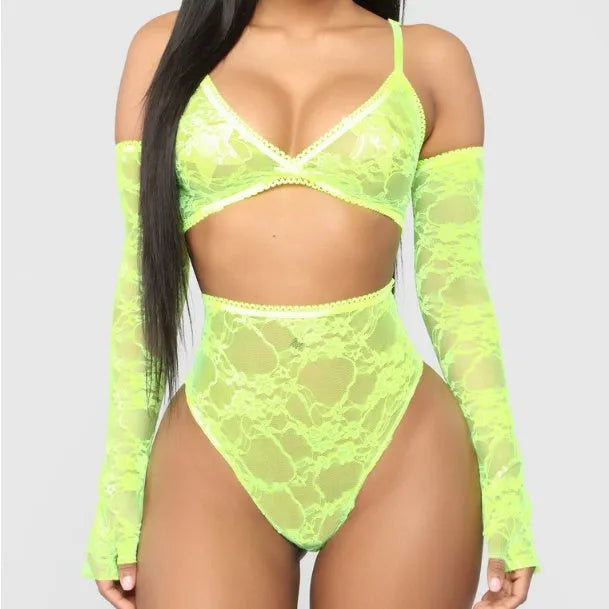 Women's three-point strap lingerie in fluorescent green, front view