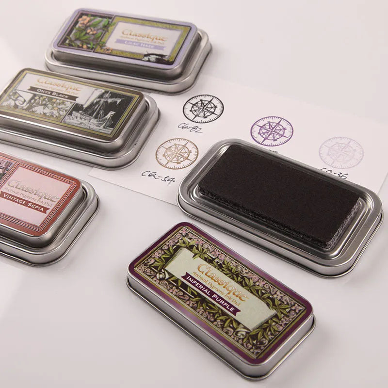 Rectangular oily ink pad for DIY rubber stamps in five colours: cocoa brown, fog blue, gray pink, green, leaf green.