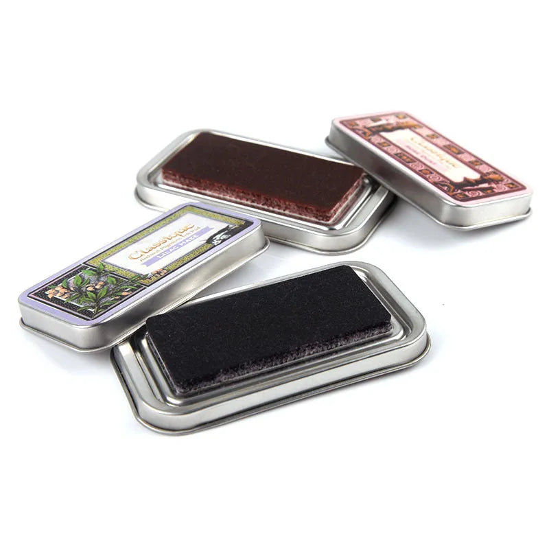 Rectangular oily ink pad for DIY rubber stamps in five colours: cocoa brown, fog blue, gray pink, green, leaf green.