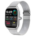 Bluetooth smart watch with touch screen display showing health metrics on gold, silver, or black silicone strap
