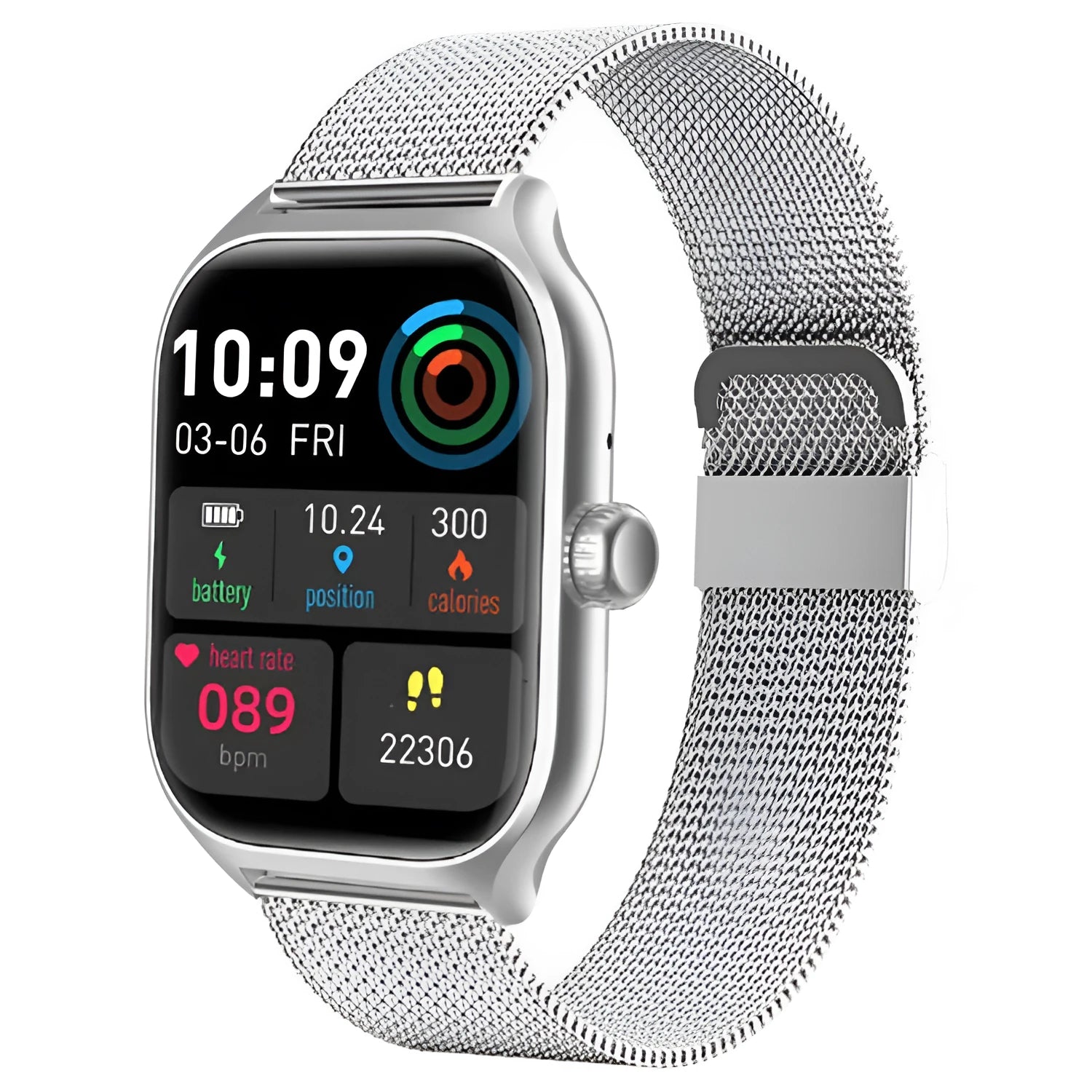 Bluetooth smart watch with touch screen display showing health metrics on gold, silver, or black silicone strap