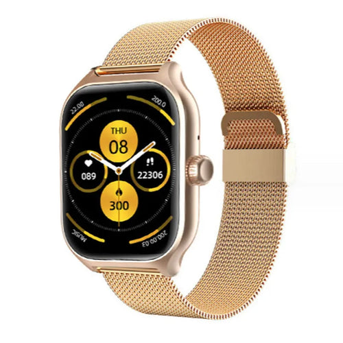 Bluetooth smart watch with touch screen display showing health metrics on gold, silver, or black silicone strap