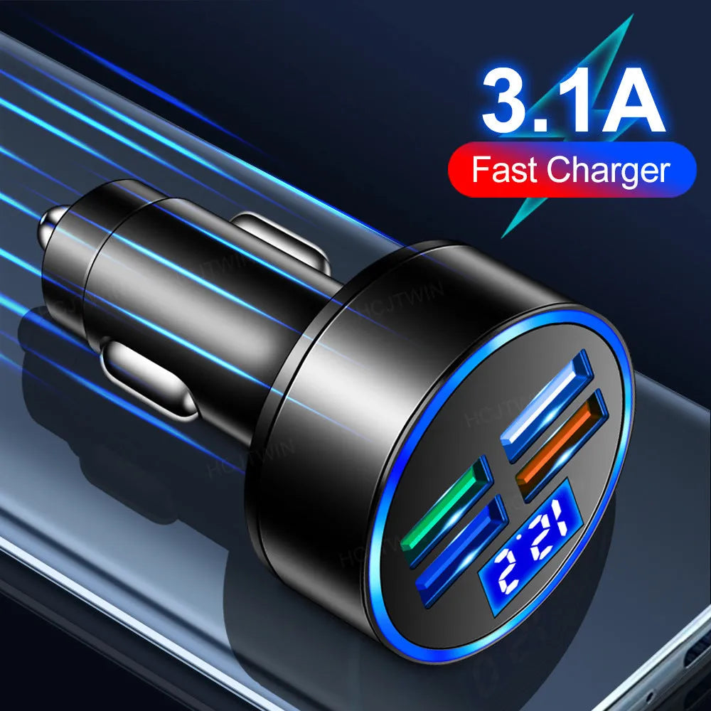 Black four-port USB car charger with cigarette lighter plug for vehicle power socket