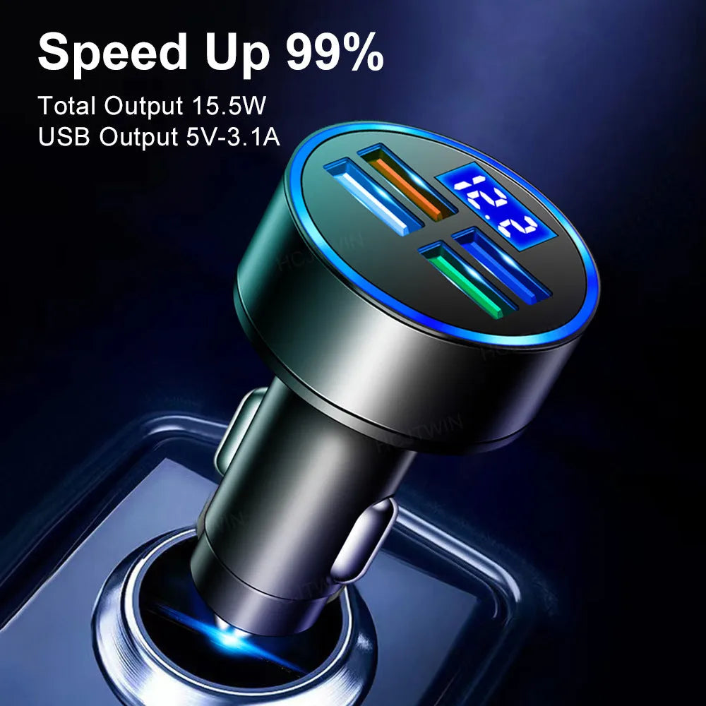 Black four-port USB car charger with cigarette lighter plug for vehicle power socket