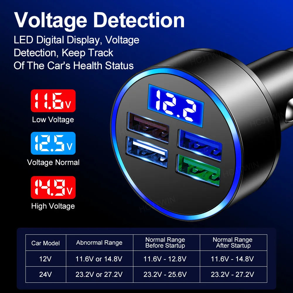 Black four-port USB car charger with cigarette lighter plug for vehicle power socket