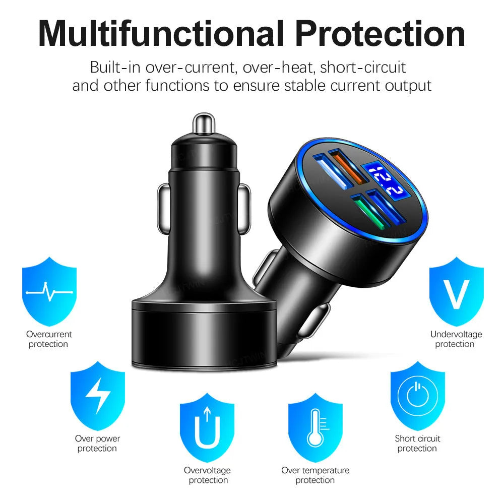 Black four-port USB car charger with cigarette lighter plug for vehicle power socket
