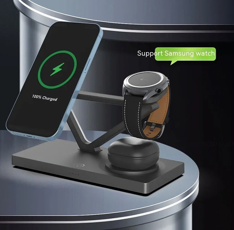 A compact white five-in-one wireless charging station with a magnetic phone bracket, watch charger, and night light.