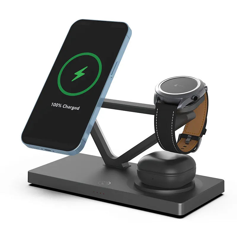 A compact white five-in-one wireless charging station with a magnetic phone bracket, watch charger, and night light.