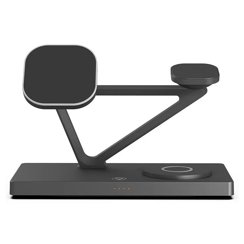 A compact white five-in-one wireless charging station with a magnetic phone bracket, watch charger, and night light.