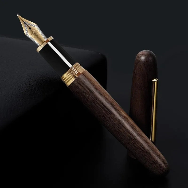 Wooden pen with rotating cap showing seven wood options and four nib types for business writing