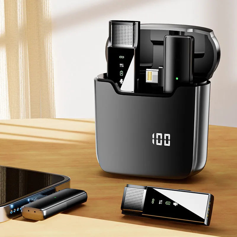 Wireless collar clip microphone set with charging bin, two transmitters, receiver, and data cable in black or yellow.