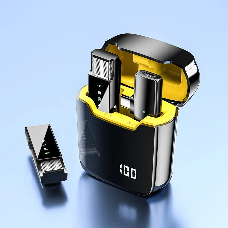 Wireless collar clip microphone set with charging bin, two transmitters, receiver, and data cable in black or yellow.