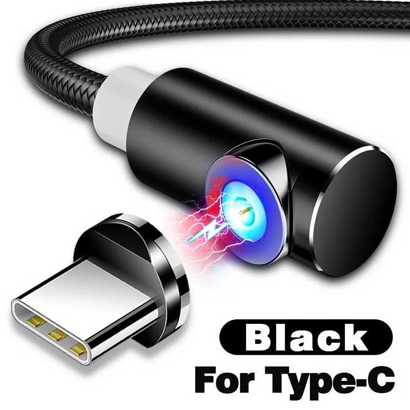 Black magnetic USB charging cable with aluminium connectors for Micro USB, Type C, and Lightning phones.