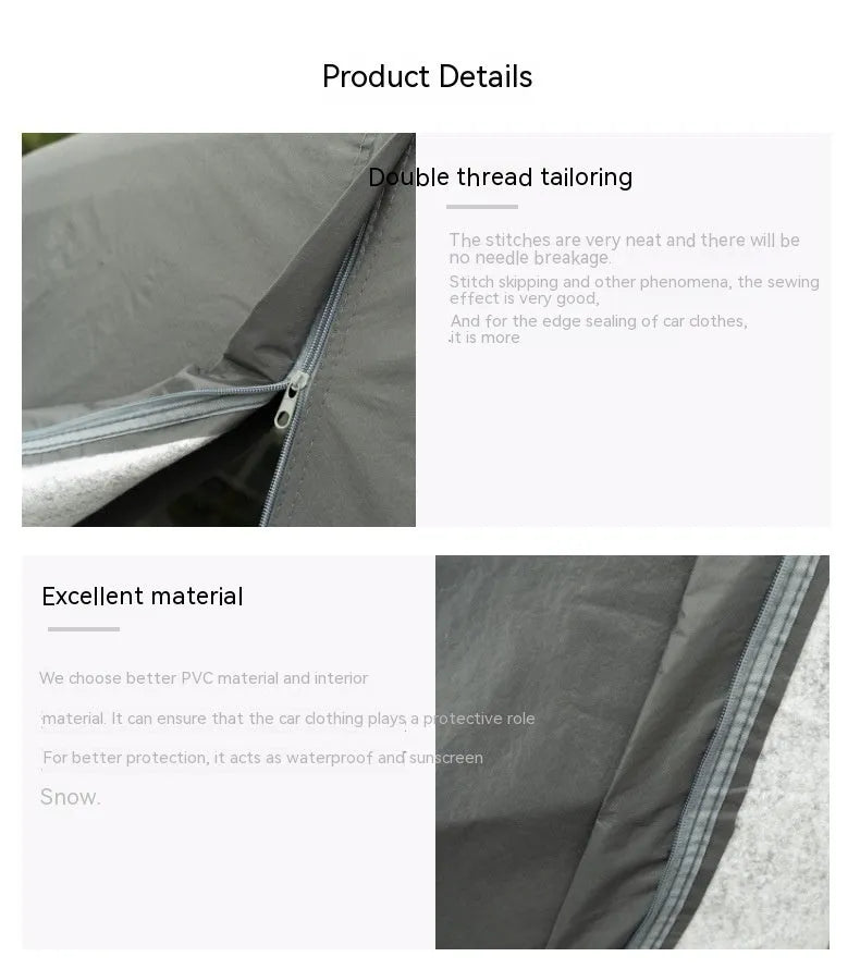 Grey PVC car cover for Volkswagen models shown fitted on a car, illustrating rainproof and sun protection design.
