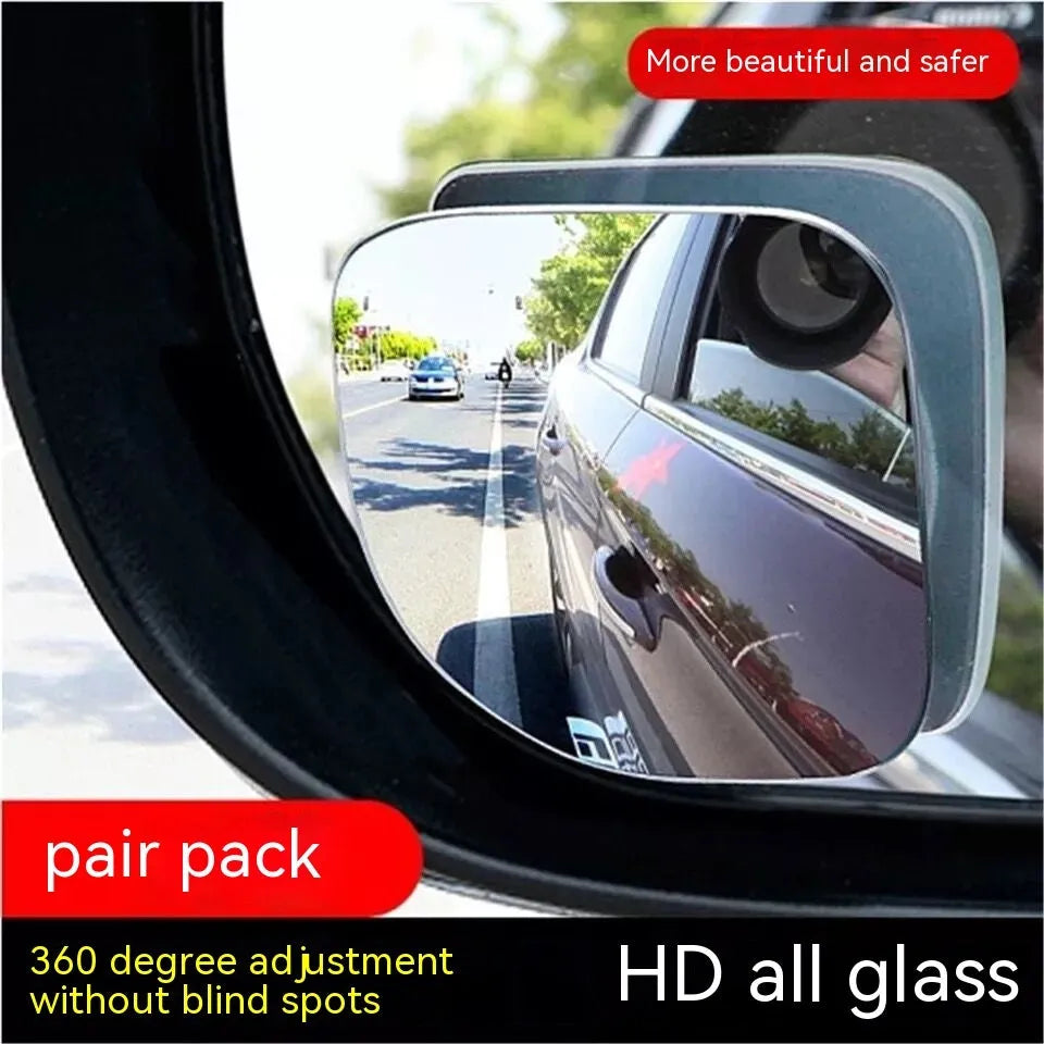 White car blind spot mirror with 360-degree adjustable mount and no-edge glass construction