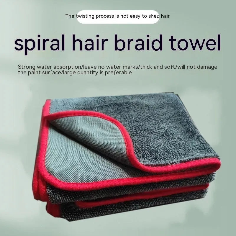 Grey microfiber car cleaning towel with black edge detailing shown in various size options