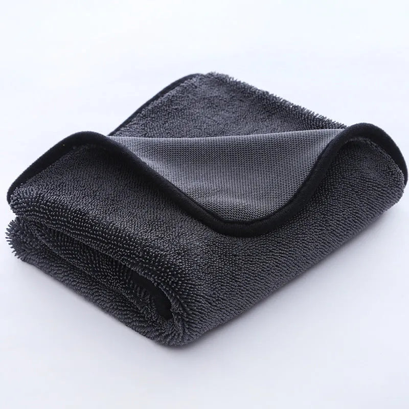 Grey microfiber car cleaning towel with black edge detailing shown in various size options