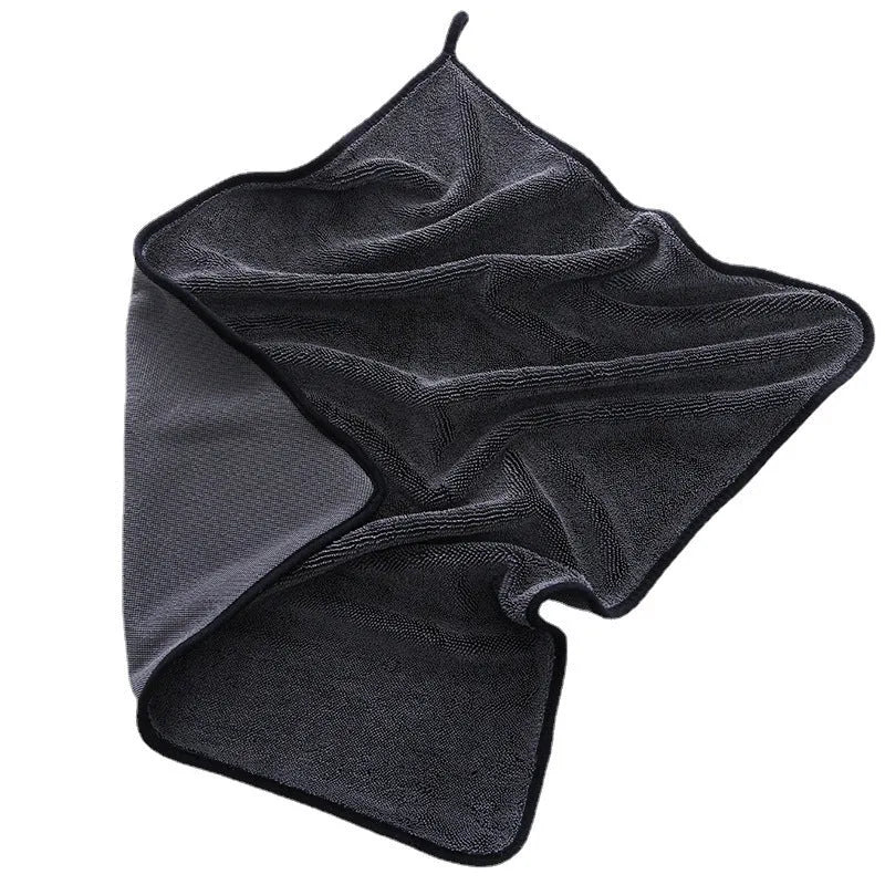 Grey microfiber car cleaning towel with black edge detailing shown in various size options