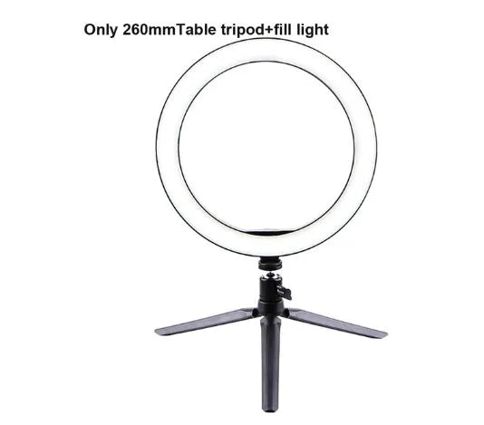 26cm LED ring light on tripod stand with phone clip and Bluetooth remote for smartphone desktop use