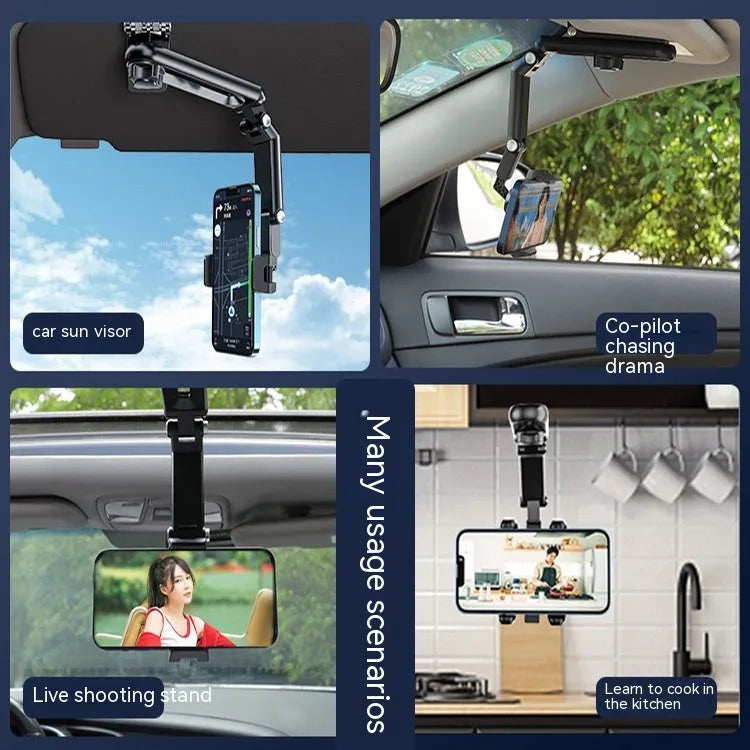 Black and green car phone holder with clip mount on a car dashboard