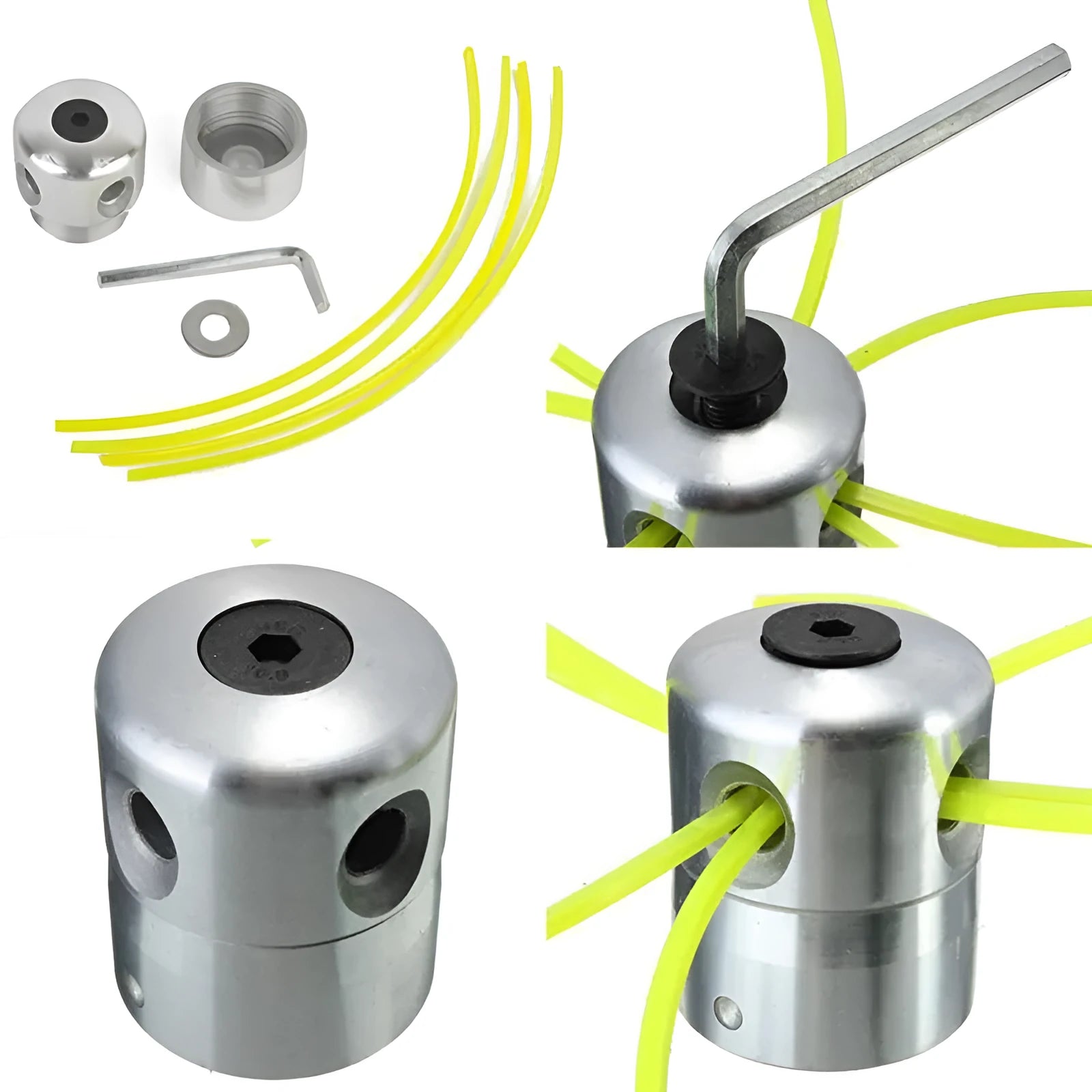 Aluminium cylinder grass trimmer replacement head with four light yellow square ropes and a wrench