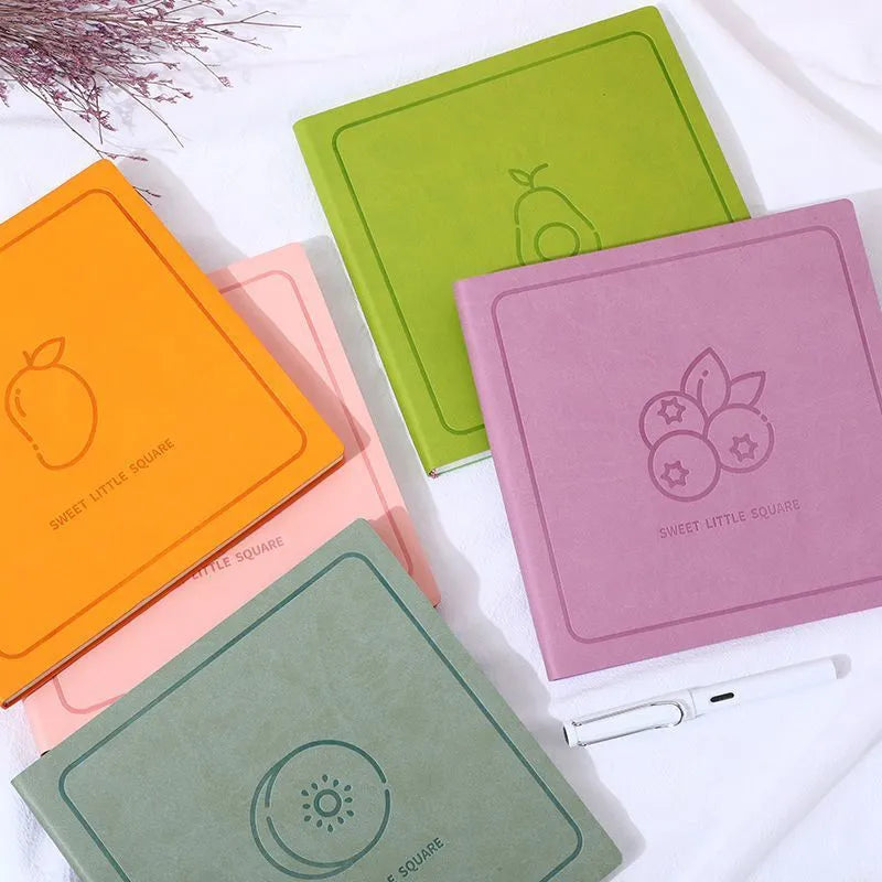 Square notebook with textured faux leather mesh cover in multiple colour options showing three interior format choices